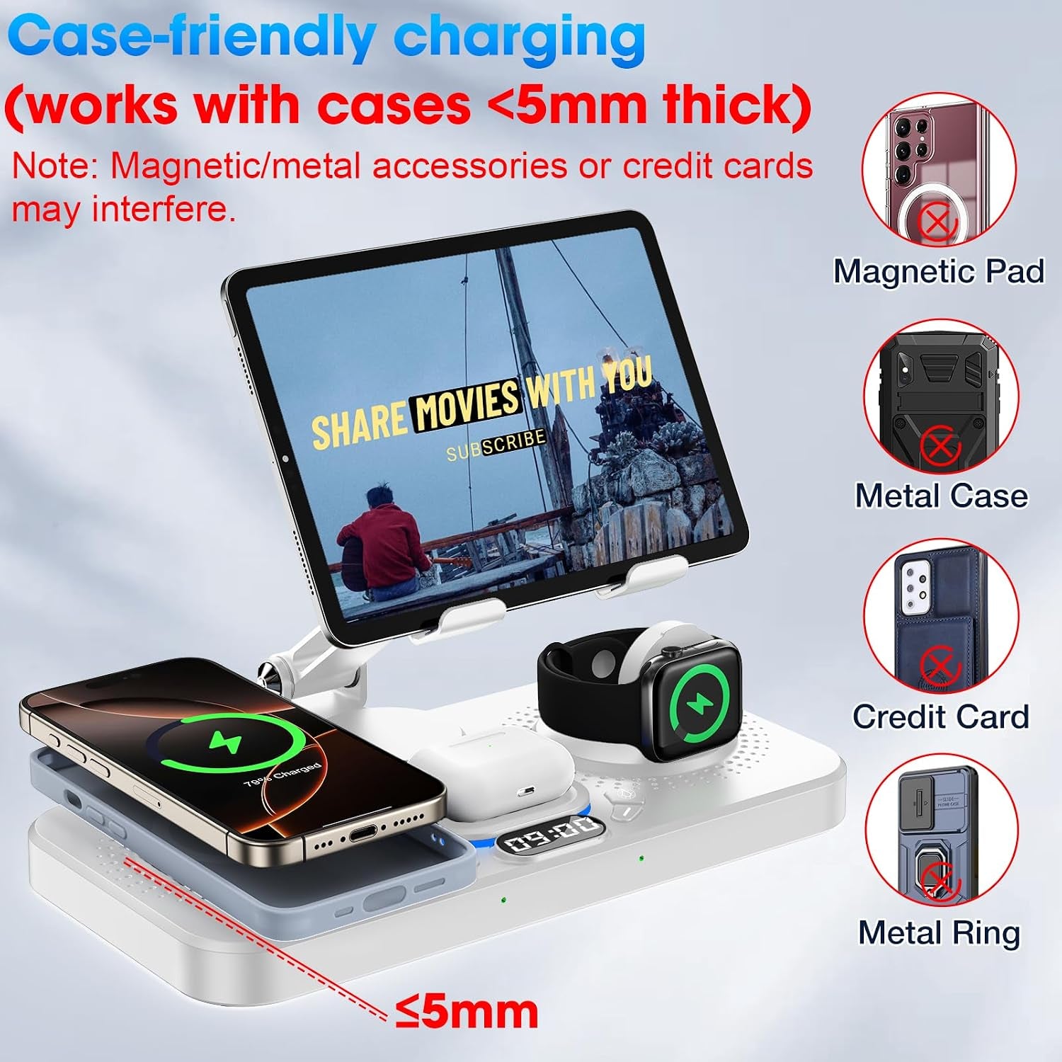 6 in 1 Wireless Charger for Apple Device, 30W Foldable Wired Charging for Ipad with Clock & 7 Color Ambient Light, Nightstand Charger Station for Iphone 17