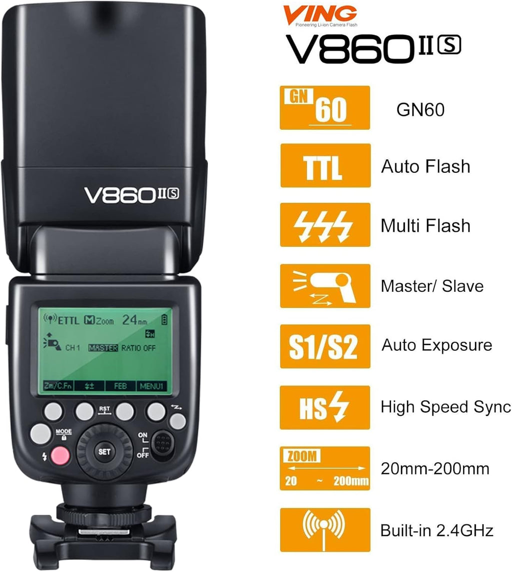 V860II-S TTL Flash for Sony Cameras, GN60 2.4G Wireless Speedlite for Sony, HSS 1/8000S, 20-200Mm Zoom, 2000Mah Li-Ion Battery, 1.5S Recycle Time, 650 Full Power Flashes