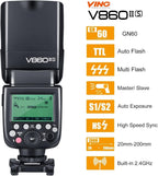 V860II-S TTL Flash for Sony Cameras, GN60 2.4G Wireless Speedlite for Sony, HSS 1/8000S, 20-200Mm Zoom, 2000Mah Li-Ion Battery, 1.5S Recycle Time, 650 Full Power Flashes