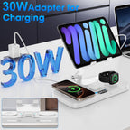 6 in 1 Wireless Charger for Apple Device, 30W Foldable Wired Charging for Ipad with Clock & 7 Color Ambient Light, Nightstand Charger Station for Iphone 17