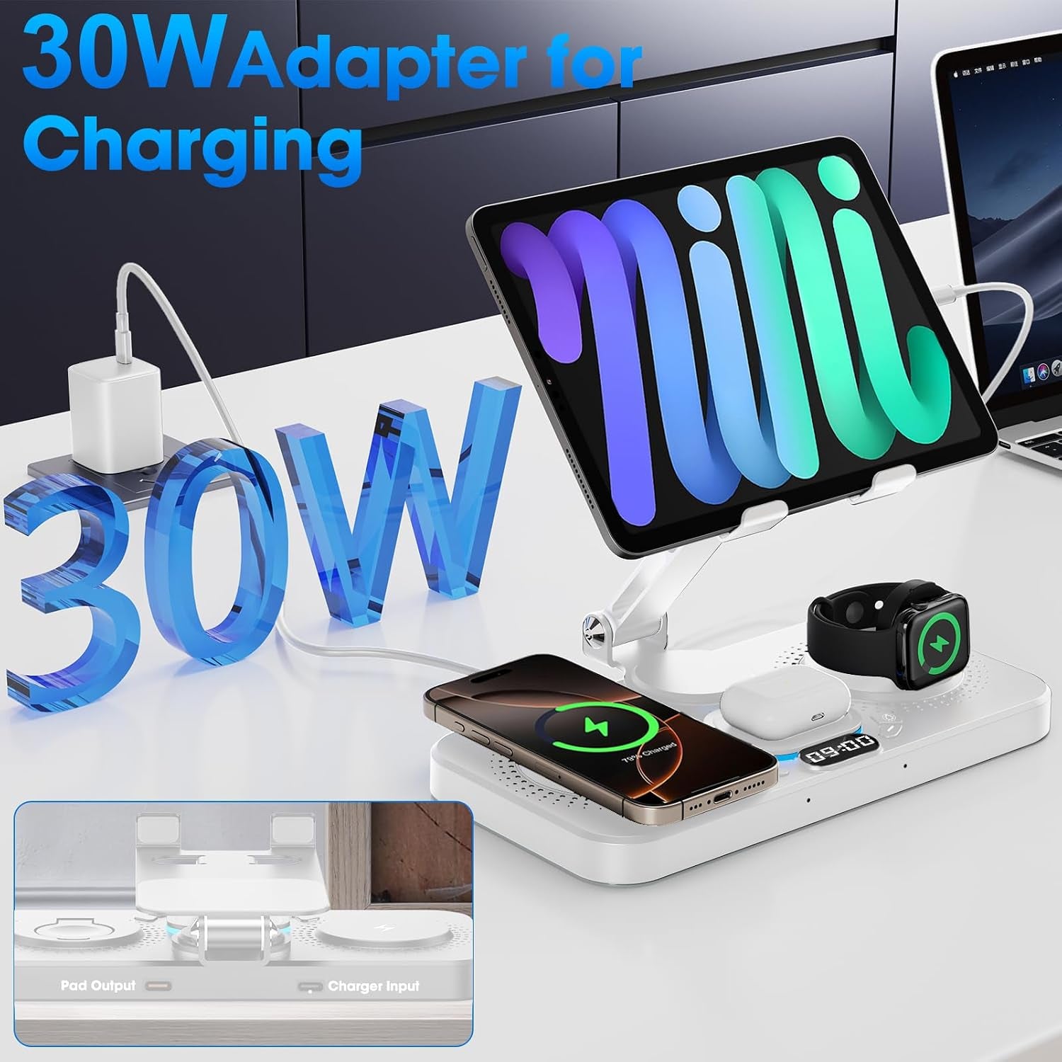 6 in 1 Wireless Charger for Apple Device, 30W Foldable Wired Charging for Ipad with Clock & 7 Color Ambient Light, Nightstand Charger Station for Iphone 17