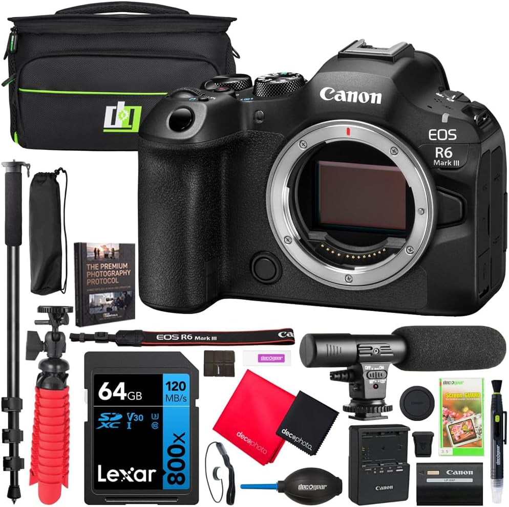 Canon EOS R6 Mark III Full Frame Mirrorless Interchangeable Lens Camera Body 7084C002 32.5MP | 40 FPS | 7K RAW Video | 8.5 Stop IBIS Bundle W/Deco Gear Bag +Microphone +Monopod +Photography Pro Kit