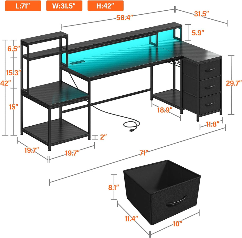 71" L Shaped Gaming Desk with Hutch & Printer Shelf for Gaming Room | Scratch-Resistant Carbon Fiber Tabletop, Raised Monitor Stand, 3 Closed Drawers, Dedicated Printer Shelf