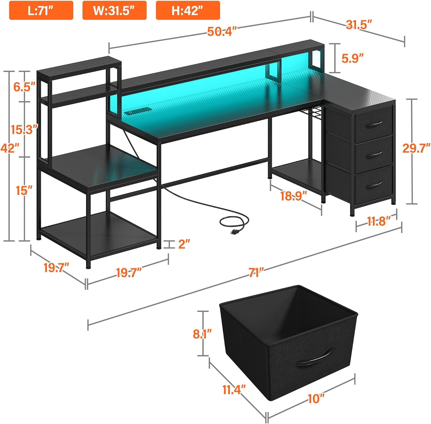 71" L Shaped Gaming Desk with Hutch & Printer Shelf for Gaming Room | Scratch-Resistant Carbon Fiber Tabletop, Raised Monitor Stand, 3 Closed Drawers, Dedicated Printer Shelf