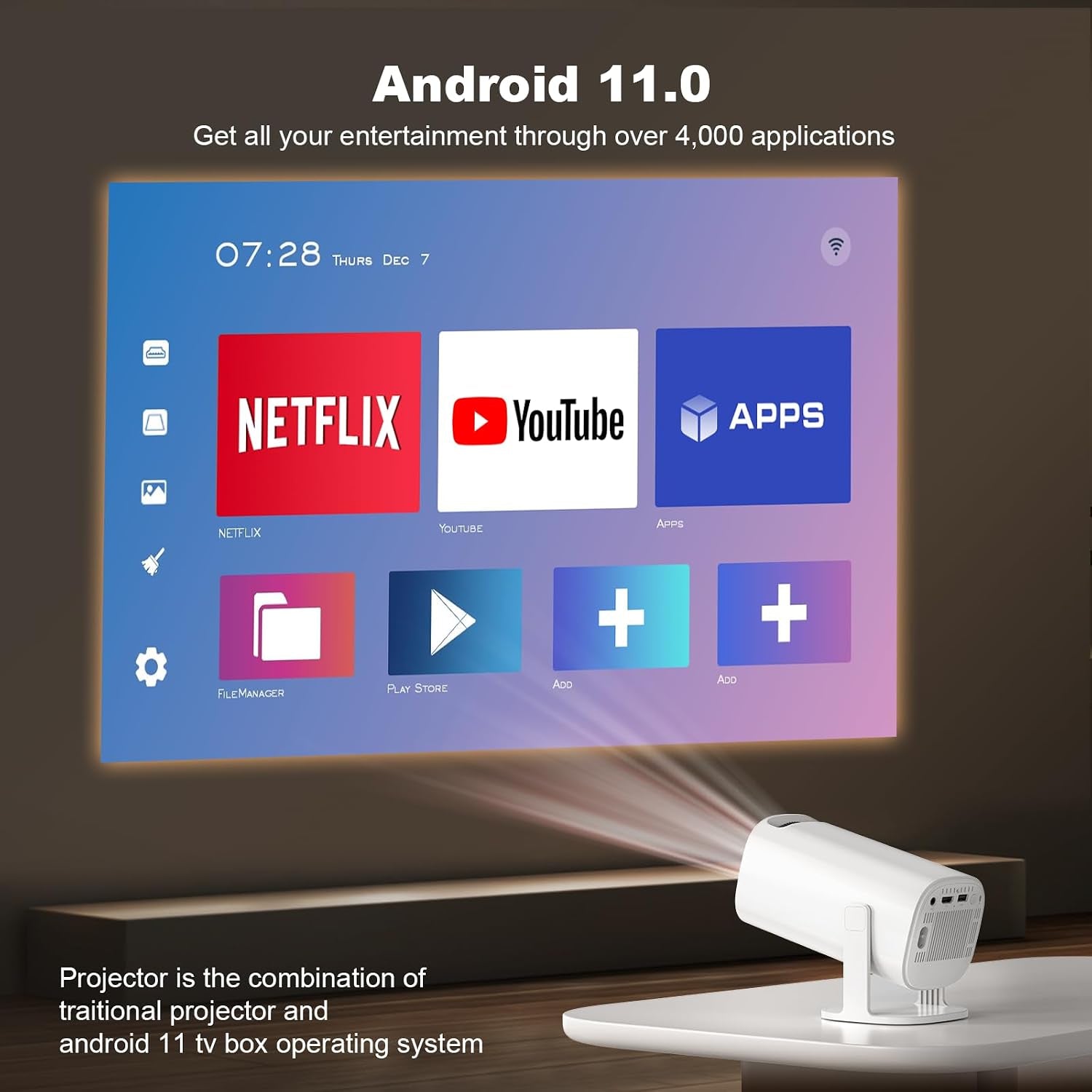 New P30 Retro Game Console with Projector，4K HD Portable Projector with 36000+ Games，Plug and Play TV Video Game Stick，Smart Projector with 2.4G Wireless Controllers，Android TV 11.0, Wifi
