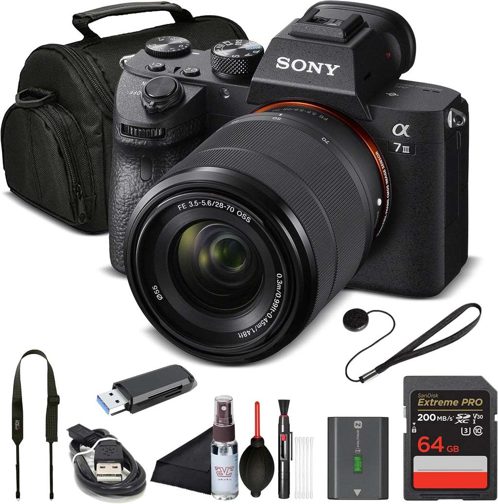 Sony Alpha 7 III Full Frame Mirrorless Camera Kit with 28-70Mm Lens | 24.2MP Digital Camera for Professional Photography and 4K Video (ILCE7M3K/B) with Bag, 64GB Card, Memory Card Reader and More