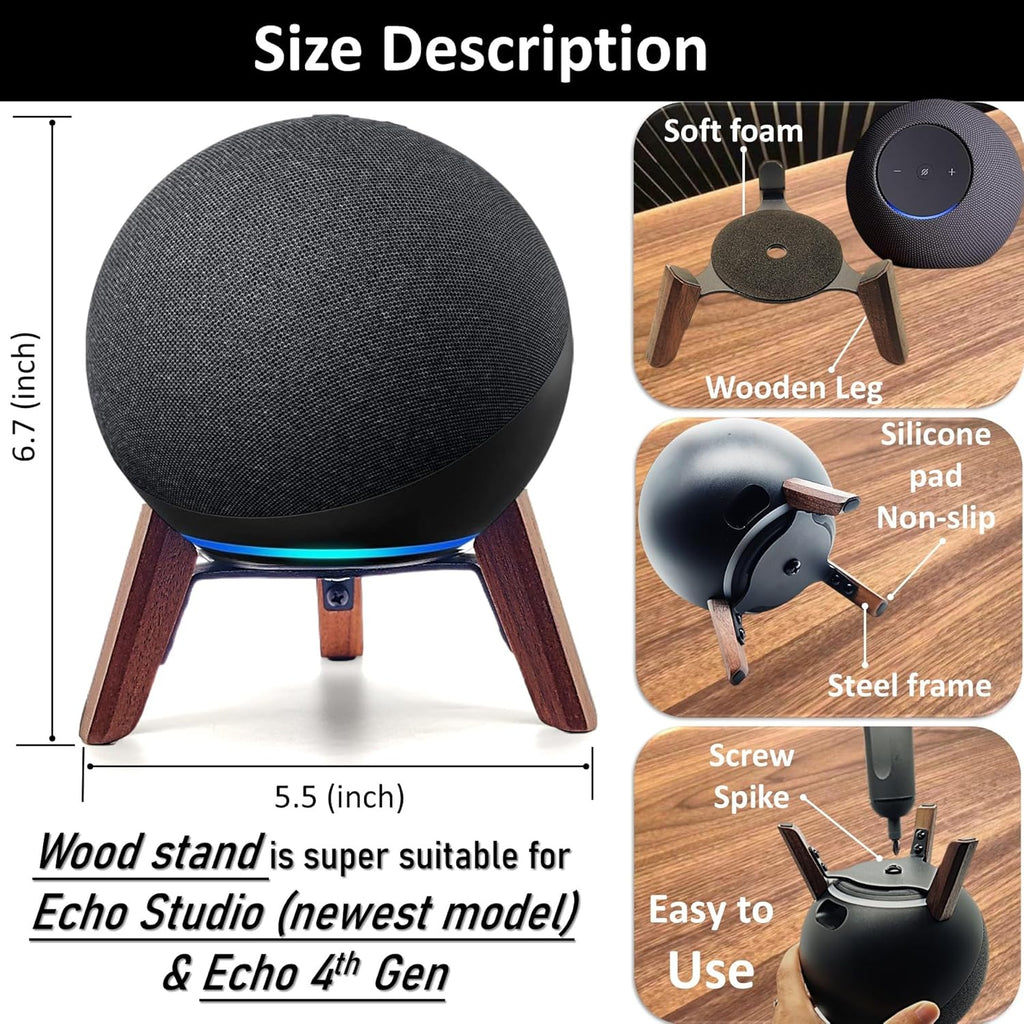 Real Wood Stand for Echo Studio (New Model) 2025,Echo (4Th Gen) Home Speaker, Desktop Tripod Holder Protect Alexa for Sound Better,Stable Wooden Mount for Echo Speaker 2024 on Table (Walnut)