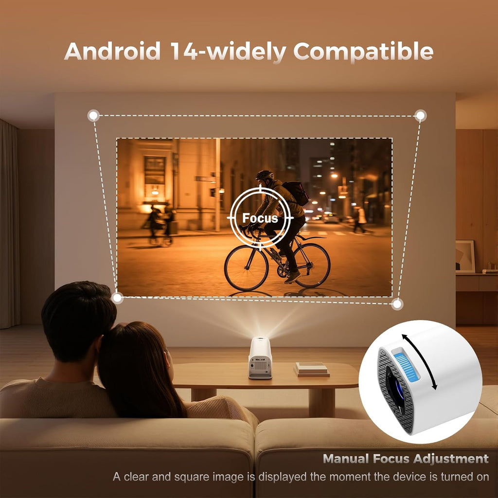 Mini Projector with Wifi and Bluetooth, 4K Protable Smart Projector Build-In Android 14, 130" Screen Auto Keystone Movie Projector Compatible with HDMI Phone TV Stick for Bedroom Outdoor