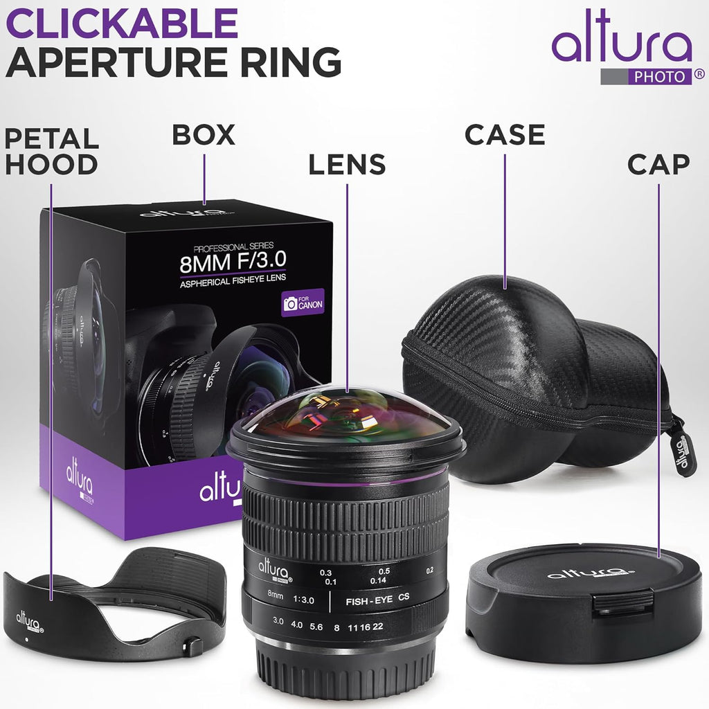 8Mm F/3.0 Professional Wide Angle Lens Aspherical Fisheye for Canon EOS 90D 80D 77D Rebel T8I T7 T7I T6I T6S T6 T100 SL2 SL3 DSLR Cameras with EF Mount