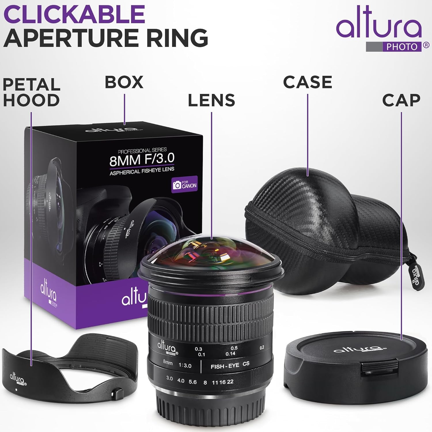 8Mm F/3.0 Professional Wide Angle Lens Aspherical Fisheye for Canon EOS 90D 80D 77D Rebel T8I T7 T7I T6I T6S T6 T100 SL2 SL3 DSLR Cameras with EF Mount