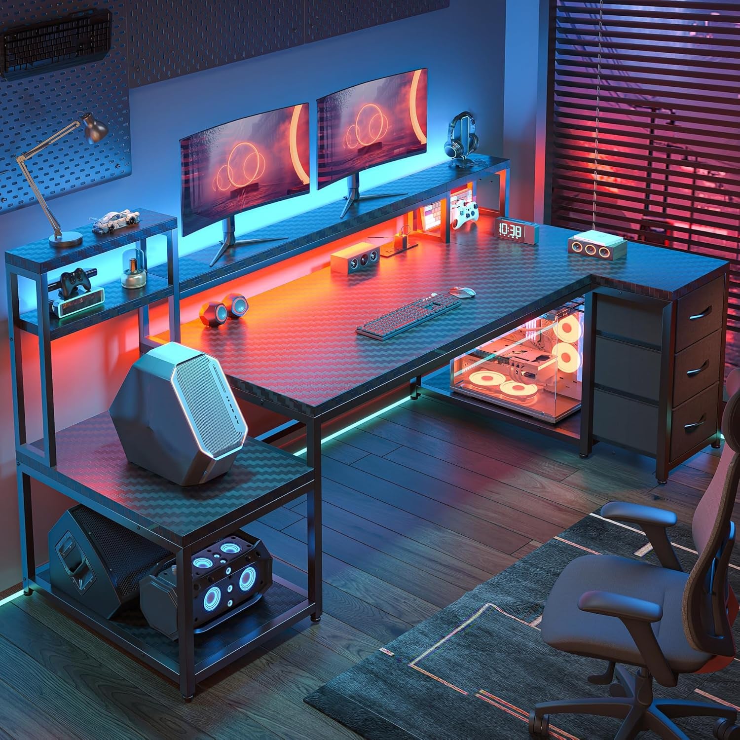 71" L Shaped Gaming Desk with Hutch & Printer Shelf for Gaming Room | Scratch-Resistant Carbon Fiber Tabletop, Raised Monitor Stand, 3 Closed Drawers, Dedicated Printer Shelf