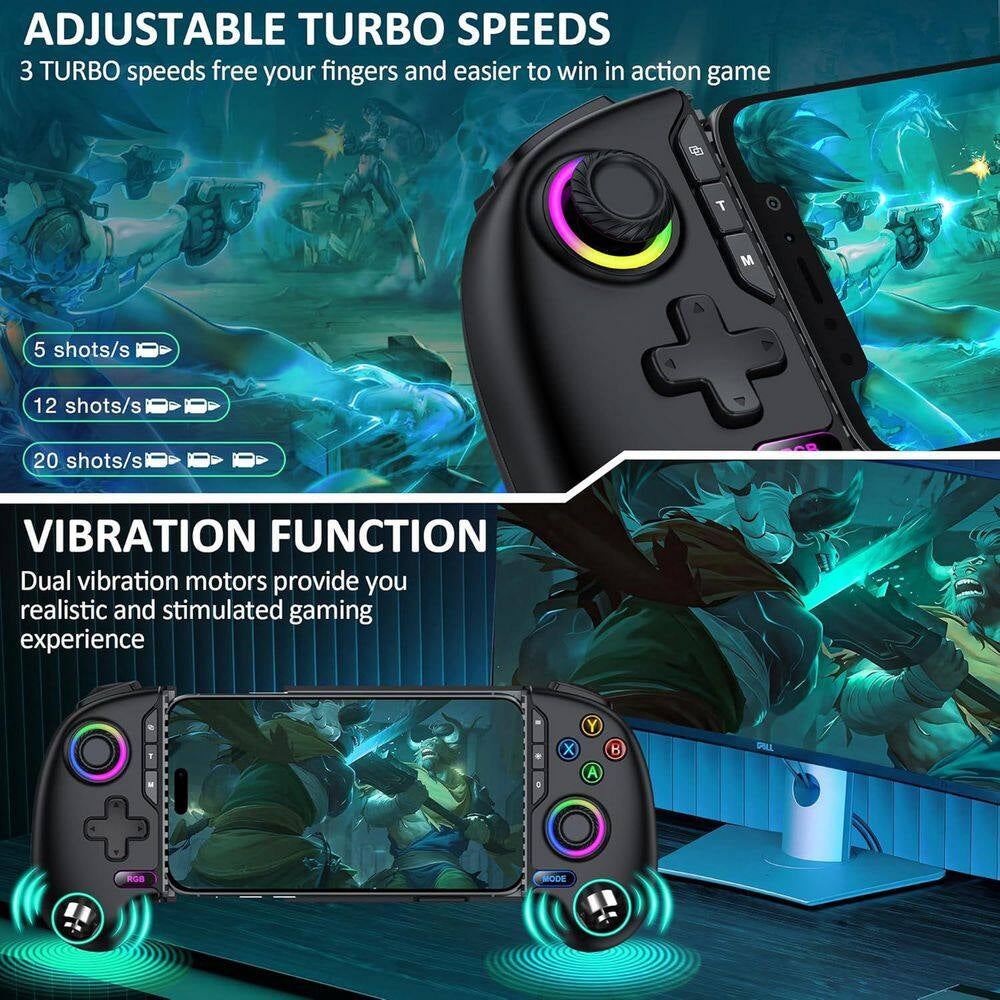 Wireless Phone Controller for Iphone Android with Hall Joystick RGB Gaming Support Xbox Cloud Steam Link Black