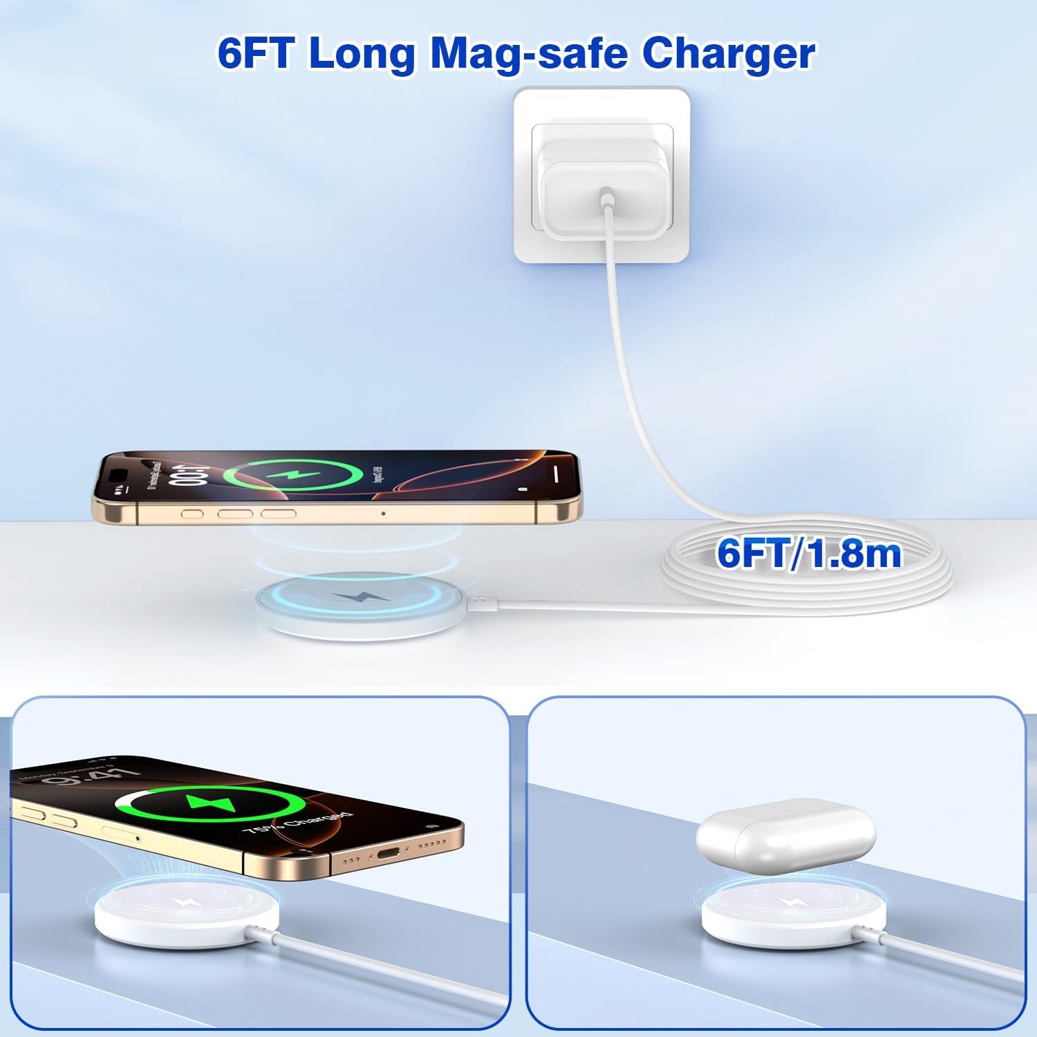[Apple Mfi Certified]Magnetic Wireless Charger Apple Mag Safe Charger,15W 6FT Fast Wireless Charging Pad for Appleiphone 16 Pro Max/16 Pro/16 Plus/15 Pro Max/14/13/12/Airpods3/2/Pro/Pro2,Charging Pad