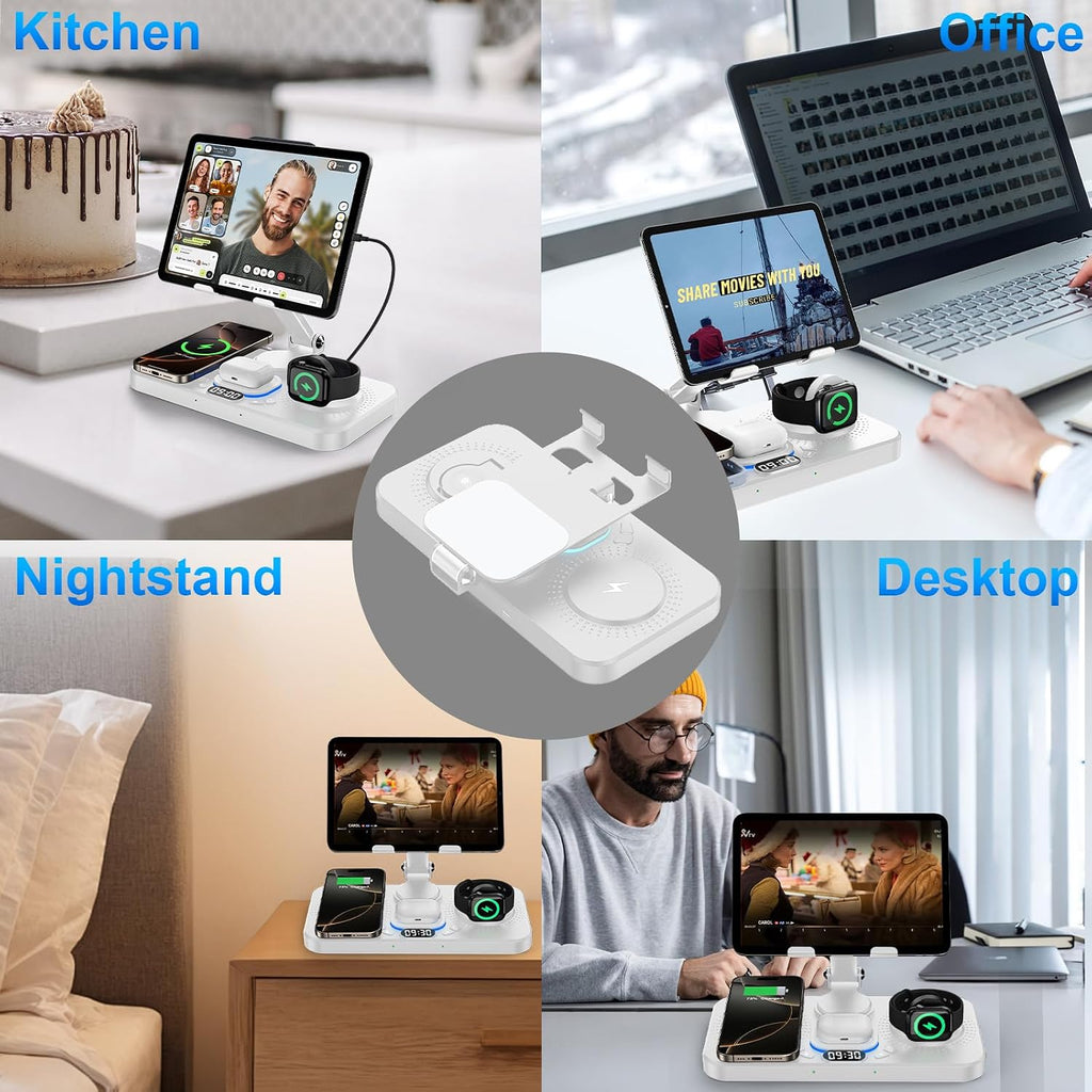 6 in 1 Wireless Charger for Apple Device, 30W Foldable Wired Charging for Ipad with Clock & 7 Color Ambient Light, Nightstand Charger Station for Iphone 17