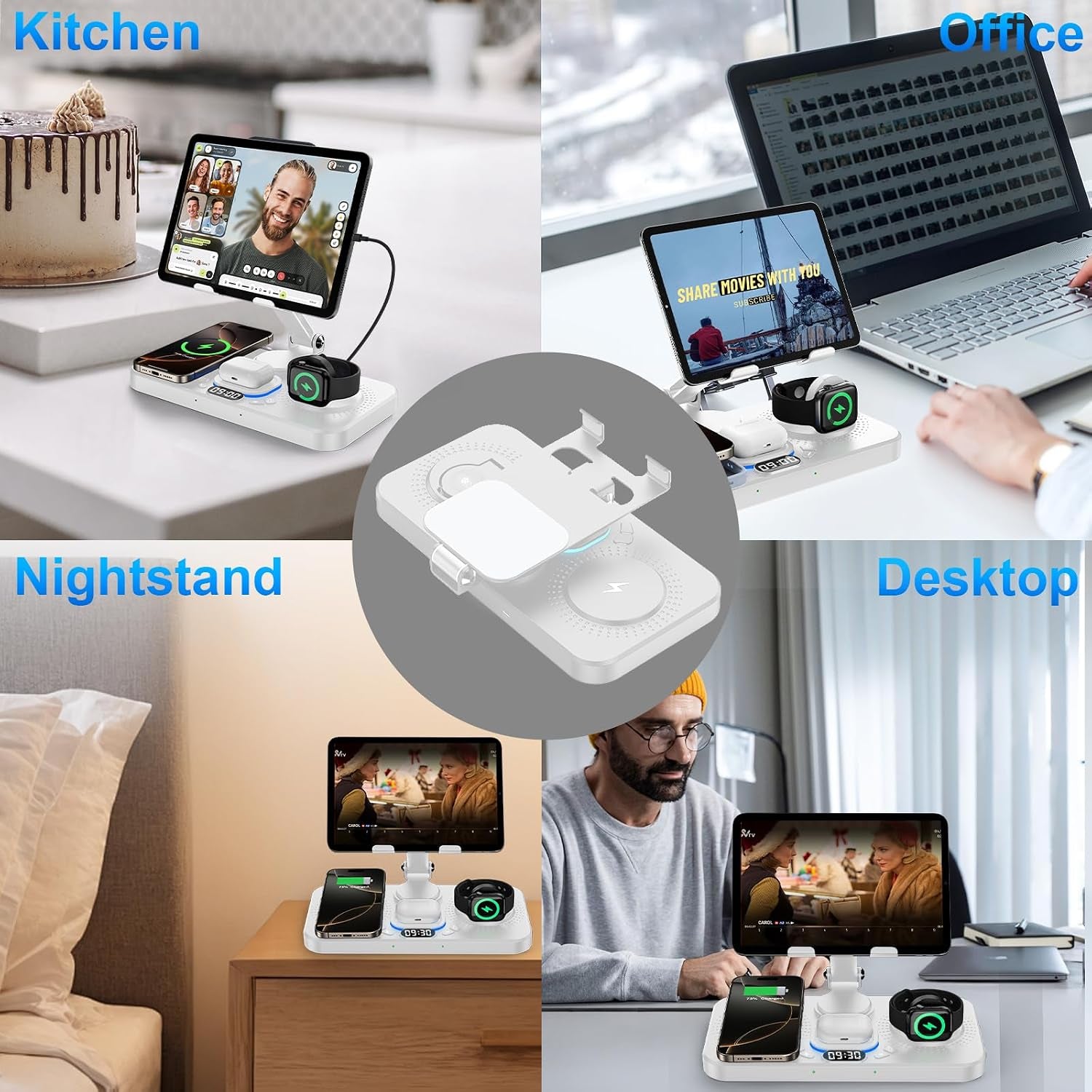 6 in 1 Wireless Charger for Apple Device, 30W Foldable Wired Charging for Ipad with Clock & 7 Color Ambient Light, Nightstand Charger Station for Iphone 17