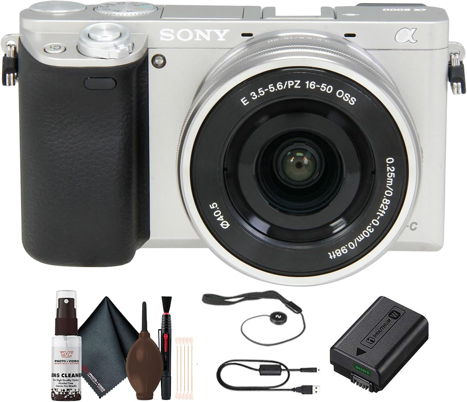 Sony Alpha A6000 Mirrorless Camera with 16-50Mm Lens (Silver) + Lens Cap Keeper + Cleaning Kit