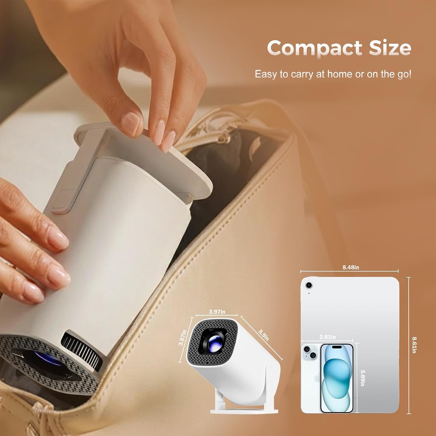 Mini Projector with Wifi and Bluetooth, 4K Protable Smart Projector Build-In Android 14, 130" Screen Auto Keystone Movie Projector Compatible with HDMI Phone TV Stick for Bedroom Outdoor