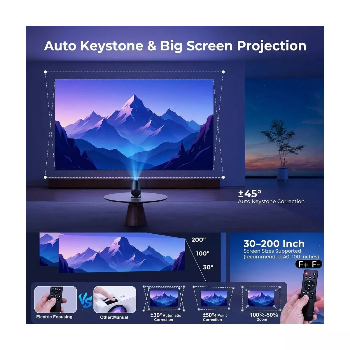 ALEEN & AJEAN Projector 4K 1080P Support, Mini Projector Smart for Movie Projection Compatible with Phone
