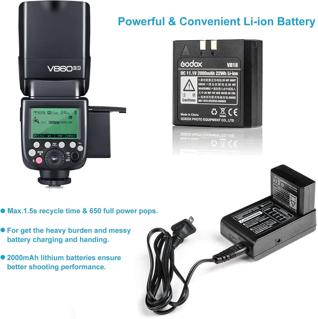 V860II-S TTL Flash for Sony Cameras, GN60 2.4G Wireless Speedlite for Sony, HSS 1/8000S, 20-200Mm Zoom, 2000Mah Li-Ion Battery, 1.5S Recycle Time, 650 Full Power Flashes