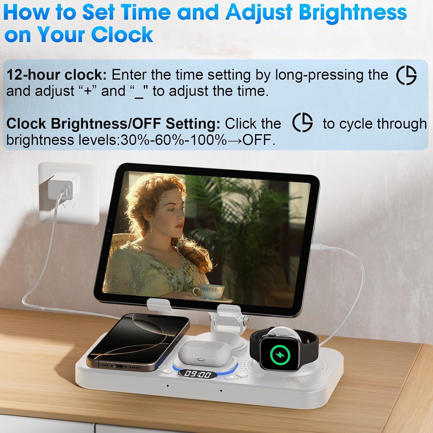6 in 1 Wireless Charger for Apple Device, 30W Foldable Wired Charging for Ipad with Clock & 7 Color Ambient Light, Nightstand Charger Station for Iphone 17