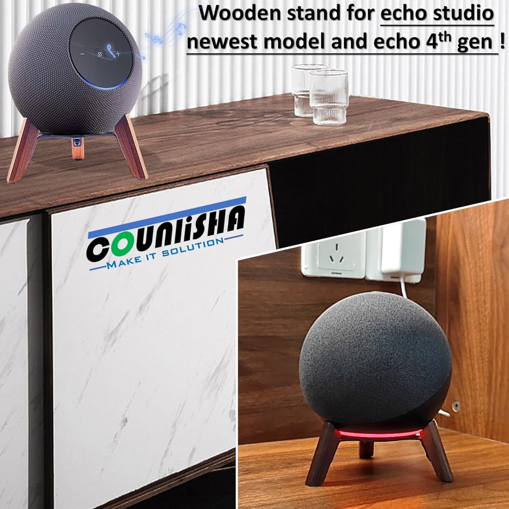 Real Wood Stand for Echo Studio (New Model) 2025,Echo (4Th Gen) Home Speaker, Desktop Tripod Holder Protect Alexa for Sound Better,Stable Wooden Mount for Echo Speaker 2024 on Table (Walnut)