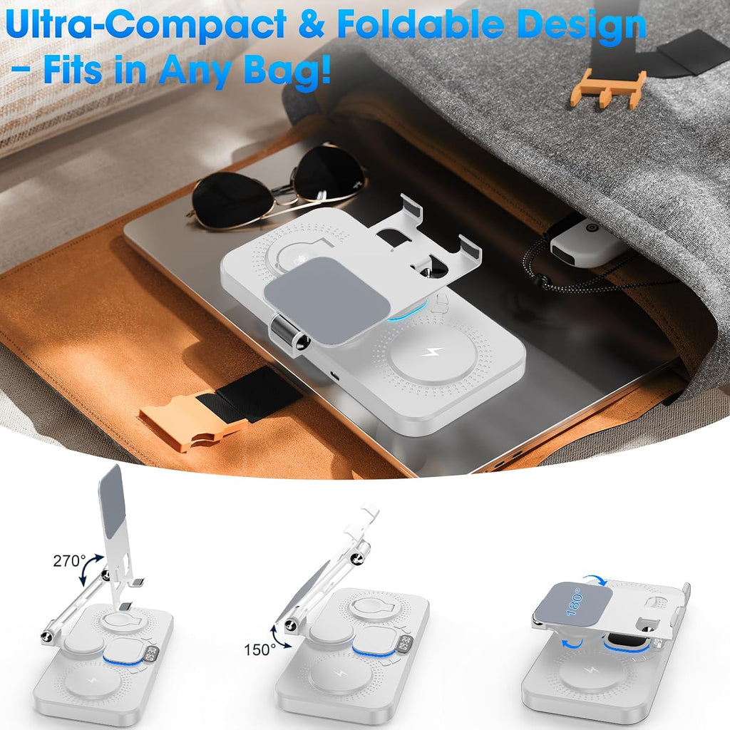 6 in 1 Wireless Charger for Apple Device, 30W Foldable Wired Charging for Ipad with Clock & 7 Color Ambient Light, Nightstand Charger Station for Iphone 17