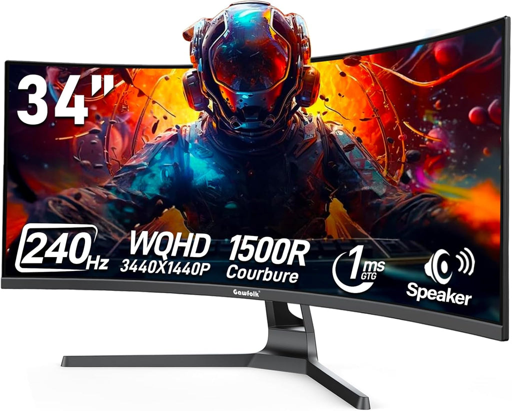 34 Inch Curved Gaming Monitor 240Hz PC Screen Built-In Speakers | UWQHD (3440X1440) 1500R Ultrawide Computer Monitors Mit Freesync & G-Sync Compatible, HDMI 2.0 & DP 1.4, Wall Mountable