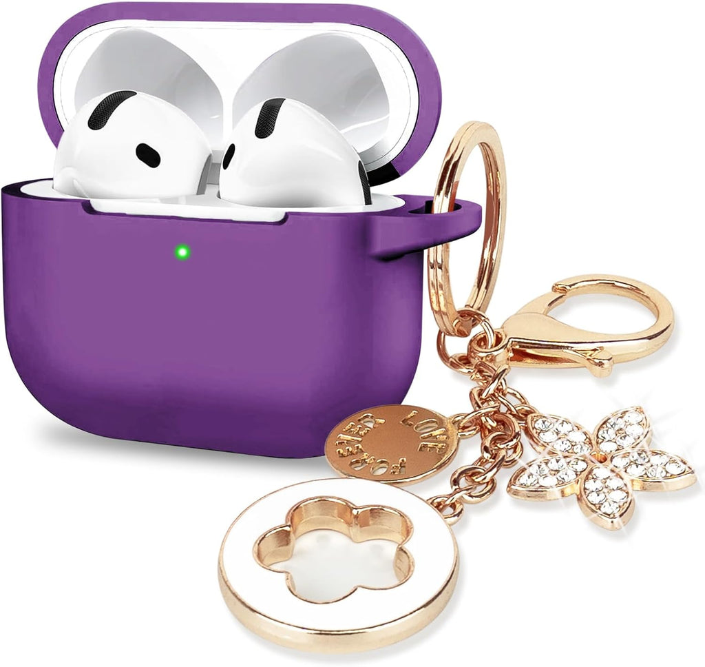 Case Cover for Apple Airpods 4 -  Airpods 4 Cases 2024 Cover Women Silicone Ipods 4 Earbuds Wireless Accessorie Charging Cases Girl Bling Keychain for Airpod Ipods 4Th Generation - Dark Purple