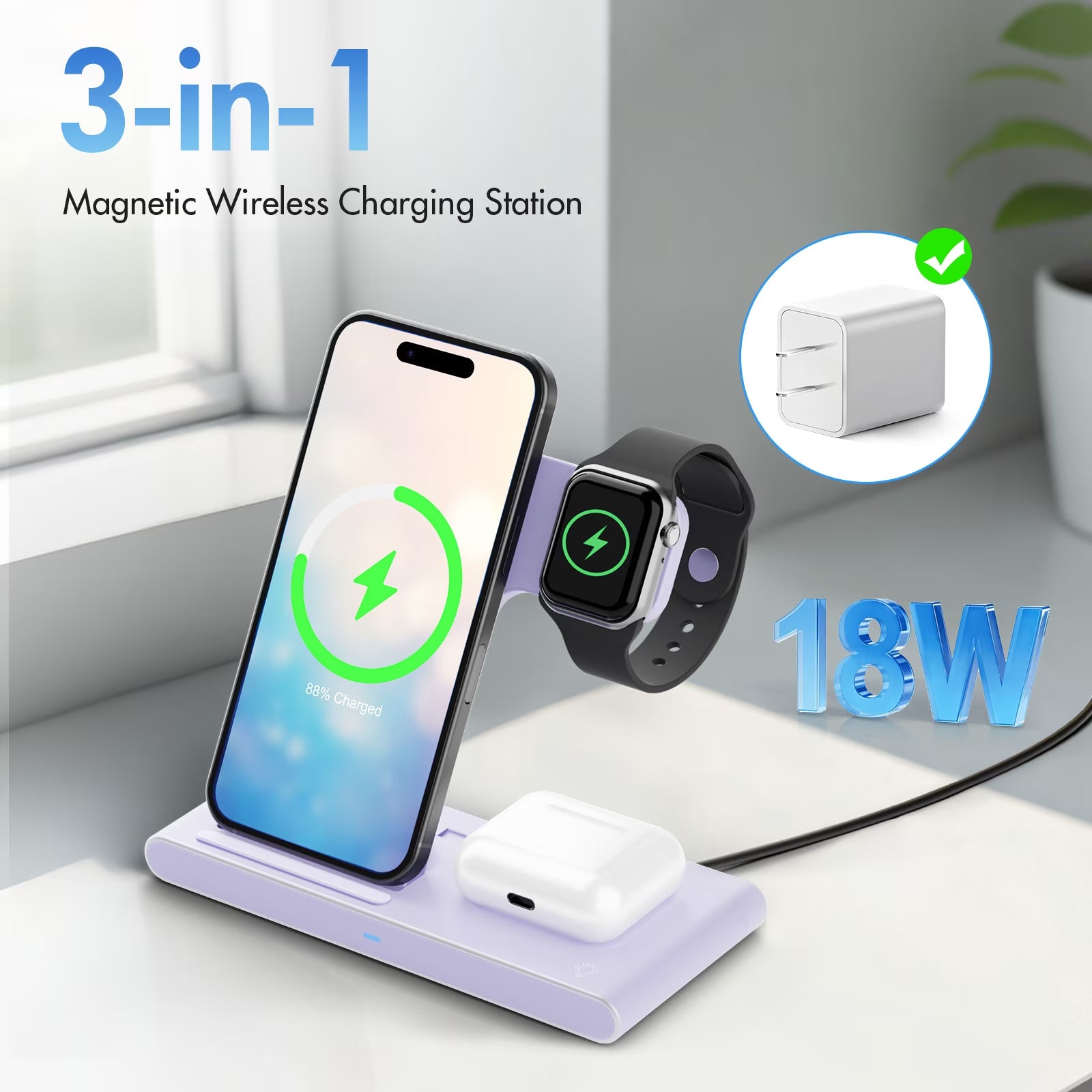 Wireless Charger,15W 3In1 Portable Charger Charging Station Compatible for Iphone 17 16 15 14 Pro Max 13 12 11,For Iwatch 11 10 9 8 7 6 5 4 3 2 Se&Ultra,For Airpods 4 3 Pro,Android Phone Charger