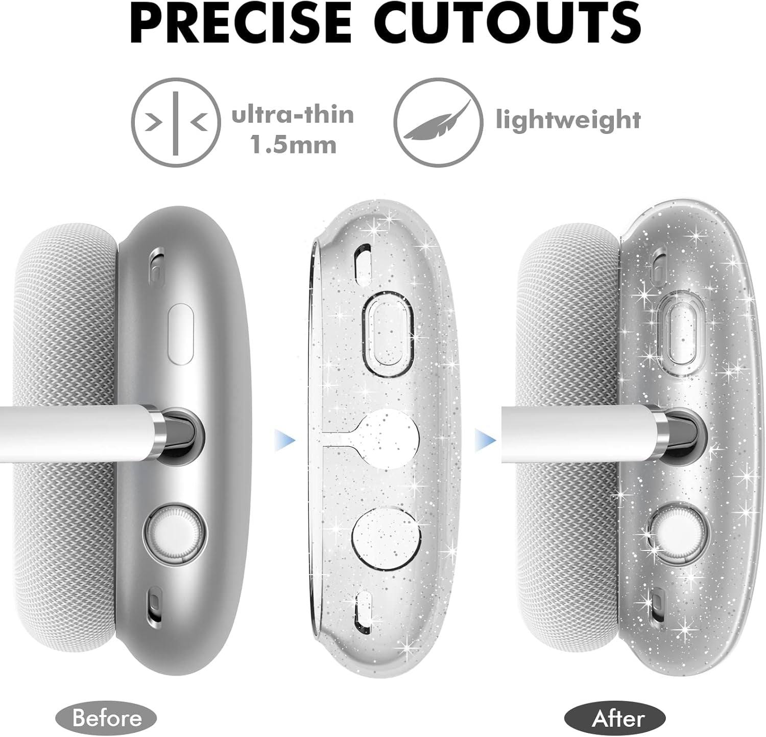 Clear Case for Airpods Max Case Cover Soft TPU Protective Ear Cups Covers Accessories【Anti-Fingerprint, Anti-Scratch & Anti-Dust】 (Glitter)