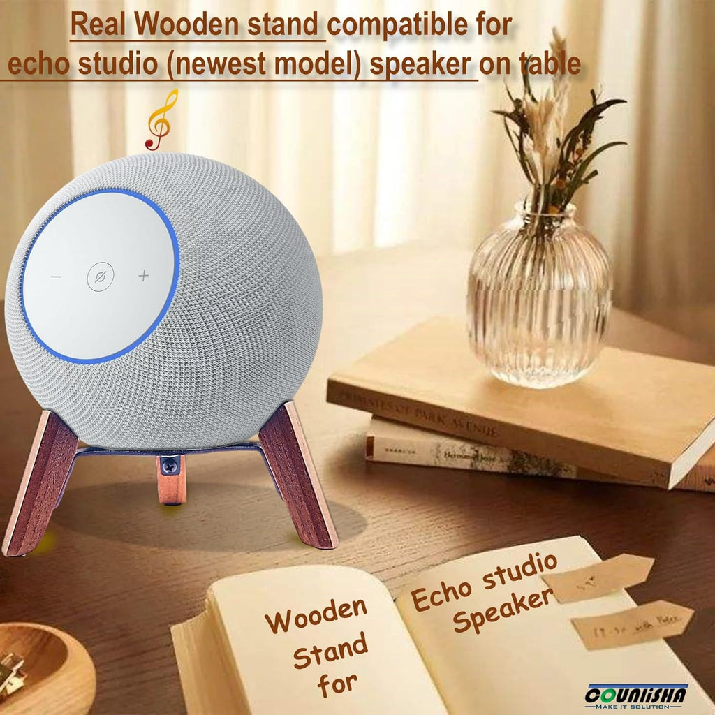 Real Wood Stand for Echo Studio (New Model) 2025,Echo (4Th Gen) Home Speaker, Desktop Tripod Holder Protect Alexa for Sound Better,Stable Wooden Mount for Echo Speaker 2024 on Table (Walnut)