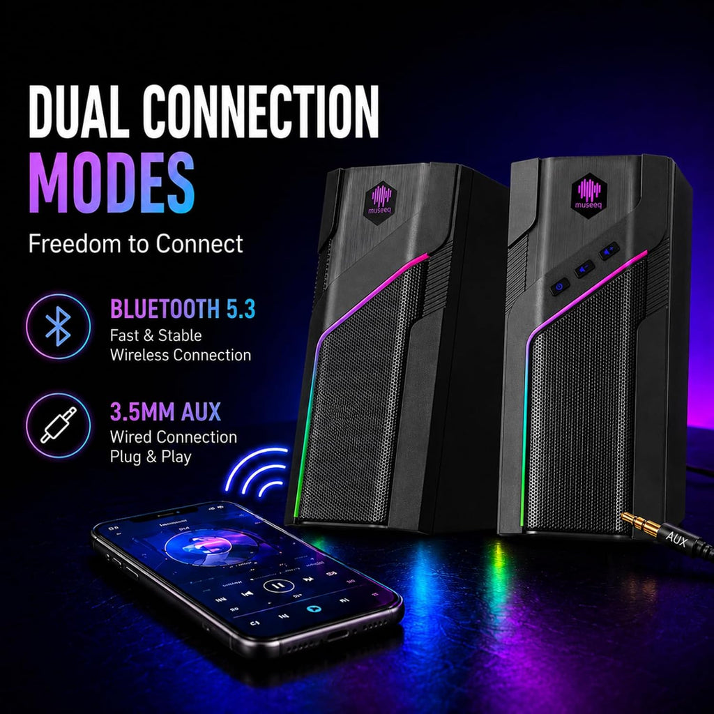 W-206RE RGB Gaming Speakers for PC, Bluetooth Computer Speakers for Desktop with 21 RGB Modes, Stereo Sound, USB Powered, 3.5Mm AUX, Compact Speakers for Monitor, Laptop & Gaming Setup