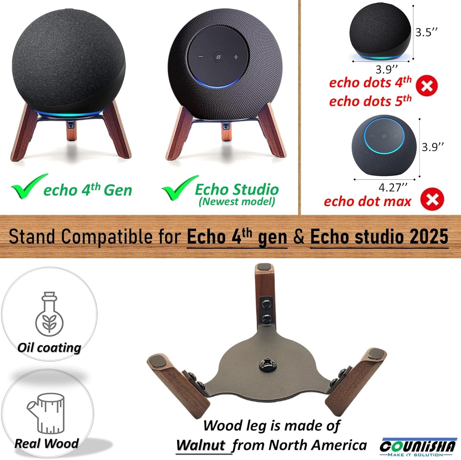 Real Wood Stand for Echo Studio (New Model) 2025,Echo (4Th Gen) Home Speaker, Desktop Tripod Holder Protect Alexa for Sound Better,Stable Wooden Mount for Echo Speaker 2024 on Table (Walnut)