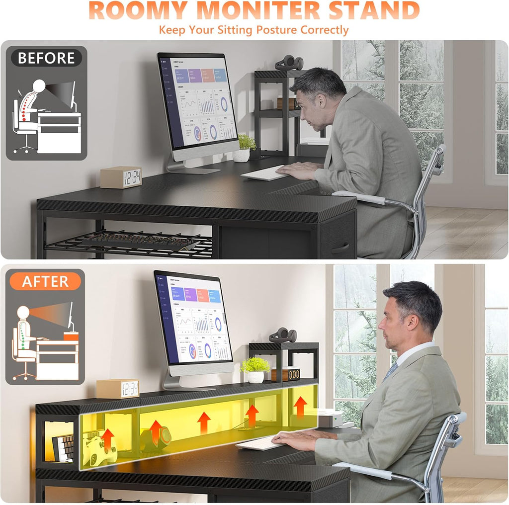 71" L Shaped Gaming Desk with Hutch & Printer Shelf for Gaming Room | Scratch-Resistant Carbon Fiber Tabletop, Raised Monitor Stand, 3 Closed Drawers, Dedicated Printer Shelf