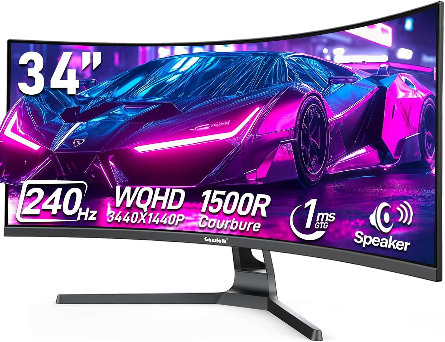 34 Inch Curved Gaming Monitor 240Hz PC Screen Built-In Speakers | UWQHD (3440X1440) 1500R Ultrawide Computer Monitors Mit Freesync & G-Sync Compatible, HDMI 2.0 & DP 1.4, Wall Mountable