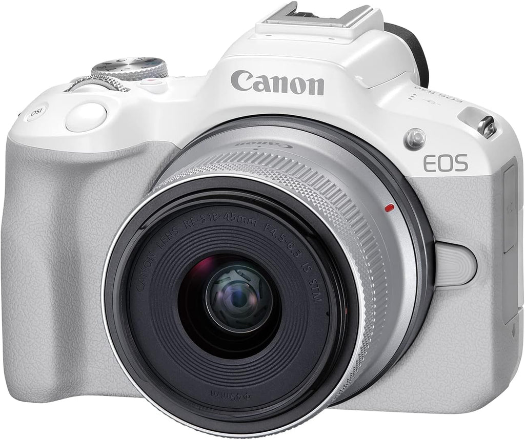 Canon EOS R50 Mirrorless Camera Rf-S18-45Mm F4.5-6.3 Is STM Lens Kit, 24.2 Megapixel CMOS (APS-C) Sensor, 4K Video, Hybrid Camera, Photo and Video, Vlogging, Content Creator, RF Mount, White | 24.2MP Aps-C Sensor • 4K UHD Video • Rf-S 18-45Mm F/4.5-6.3 Is Stm Lens • Compact Vlogging and Photo Kit