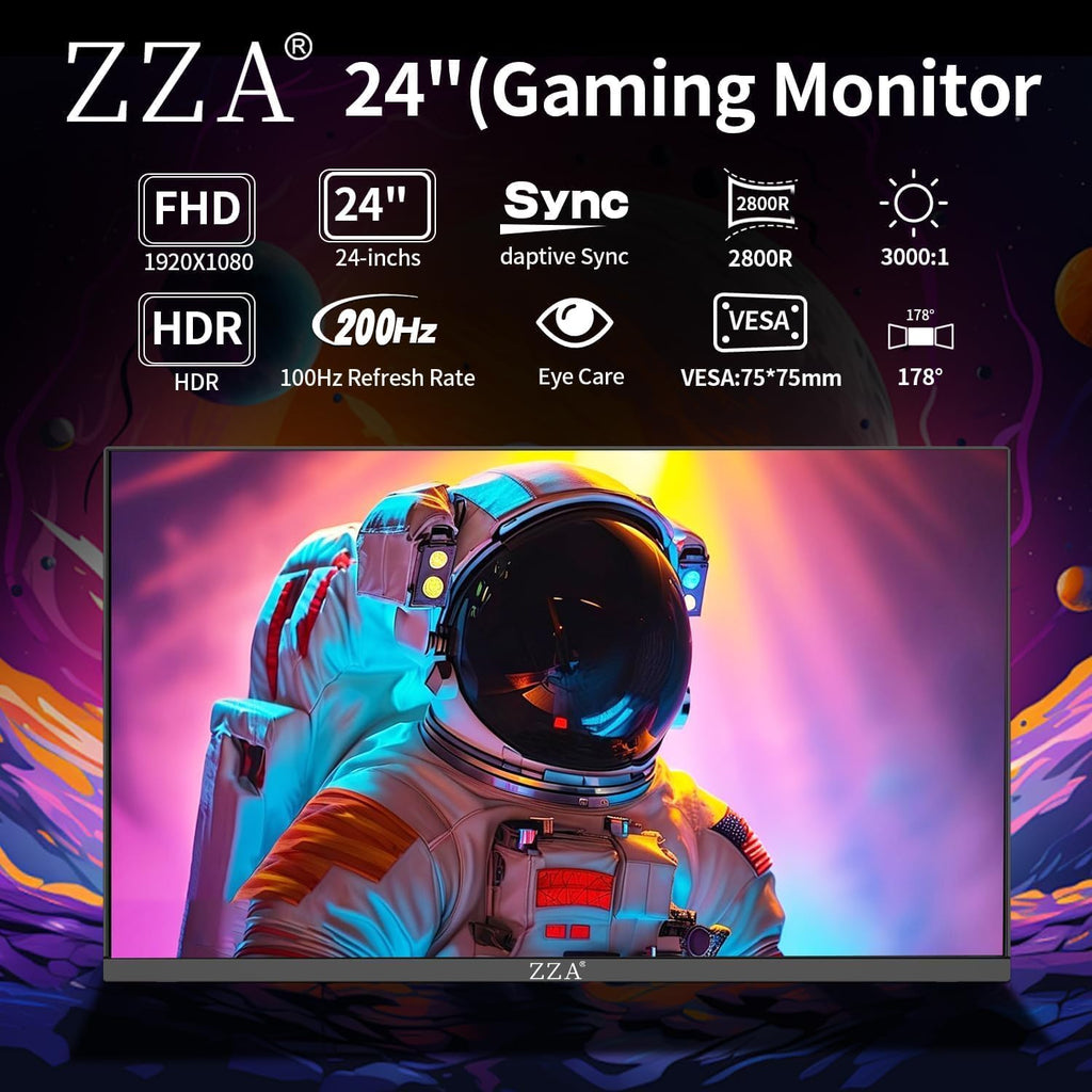 24 Inch Gaming Monitor 200Hz Curved Computer Monitor FHD 1080P, Curved 2800R VA Panel with 1Ms MPRT, Freesync, HDMI DP, VESA Mount for Gaming and Home Office
