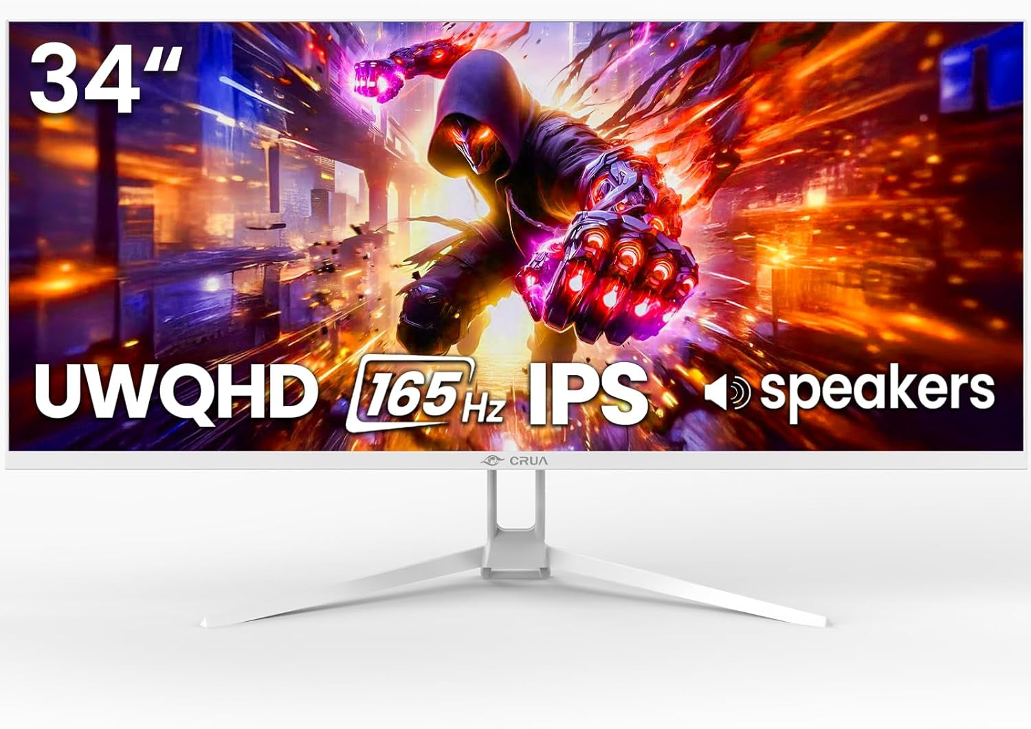 34" WQHD 165Hz IPS Ultrawide Gaming Monitor, Freesync, HDMI/DP, White | 120%Srgb Color, Built-In Speakers, Low Blue Light, 178° Wide View and Wall Mount75×75Mm for PC Gaming, Video Editing and Work