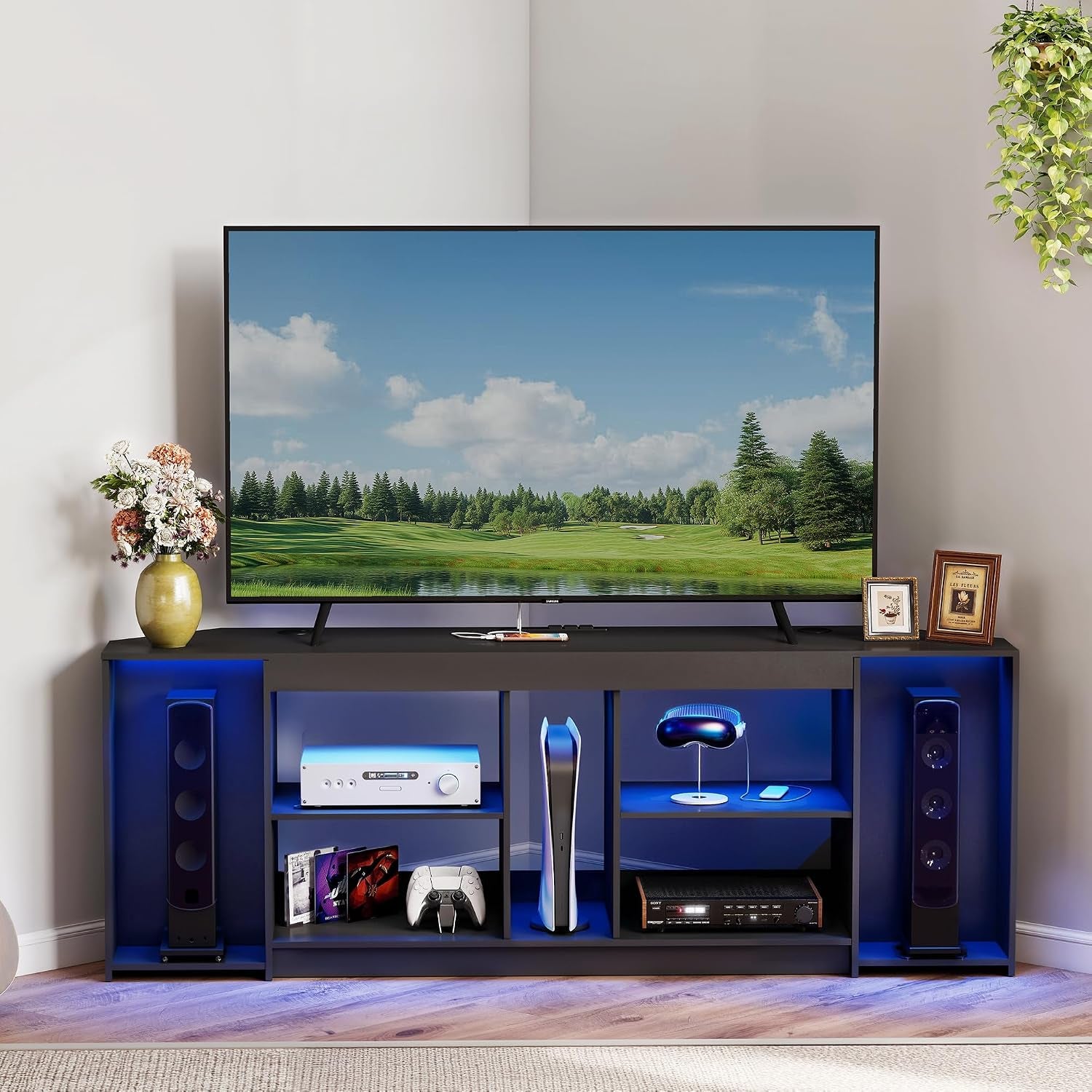 Modern TV Stand with LED Lights & Power Outlets for 75 Inch Tvs, Gaming Entertainment Center for PS5 Xbox, Media Consoles for Bedroom, Living Room, Black