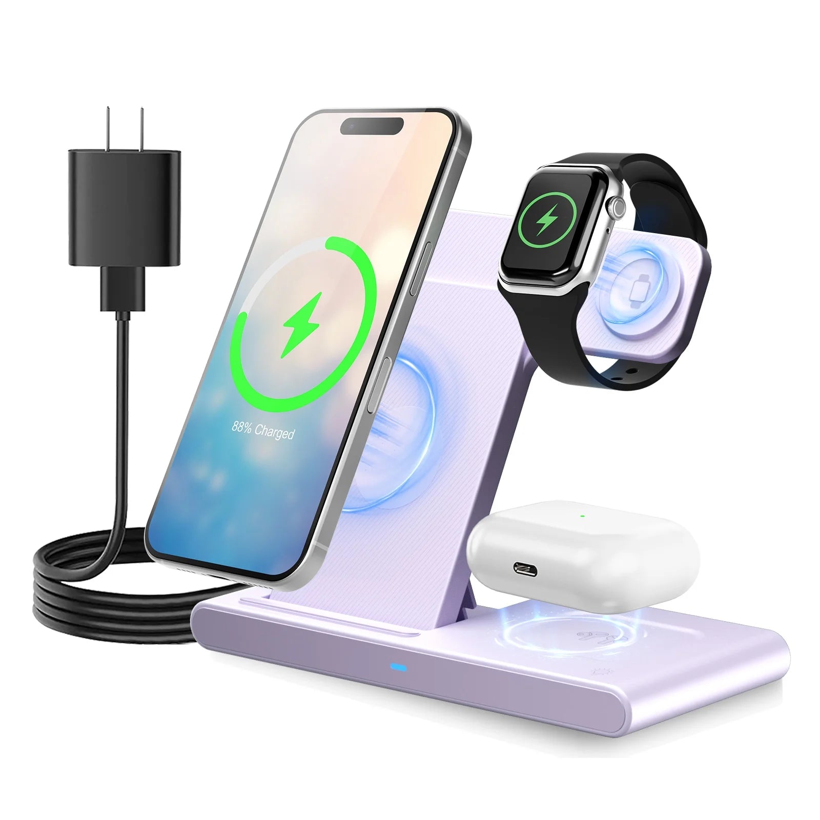 Wireless Charger,15W 3In1 Portable Charger Charging Station Compatible for Iphone 17 16 15 14 Pro Max 13 12 11,For Iwatch 11 10 9 8 7 6 5 4 3 2 Se&Ultra,For Airpods 4 3 Pro,Android Phone Charger