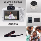 Canon EOS R50 Mirrorless Camera Rf-S18-45Mm F4.5-6.3 Is STM Lens Kit, 24.2 Megapixel CMOS (APS-C) Sensor, 4K Video, Hybrid Camera, Photo and Video, Vlogging, Content Creator, RF Mount, White | 24.2MP Aps-C Sensor • 4K UHD Video • Rf-S 18-45Mm F/4.5-6.3 Is Stm Lens • Compact Vlogging and Photo Kit