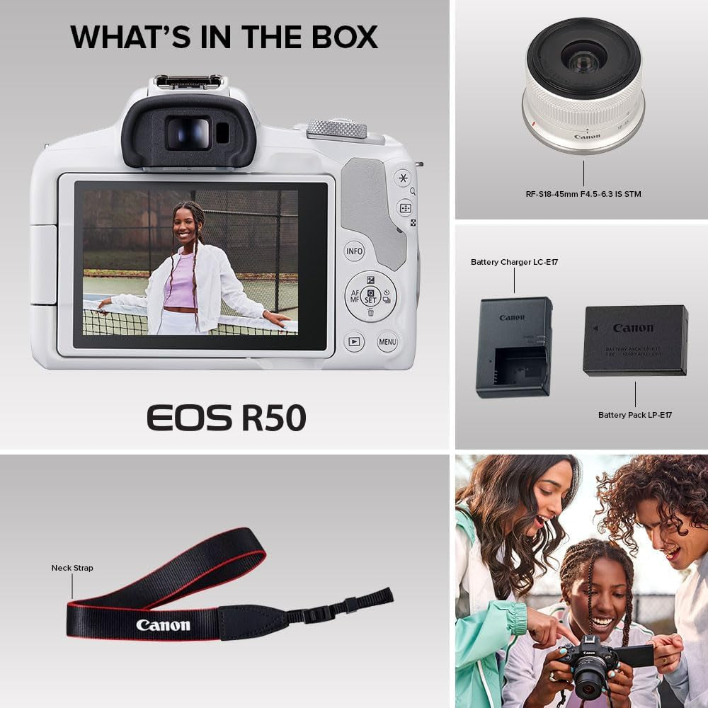 Canon EOS R50 Mirrorless Camera Rf-S18-45Mm F4.5-6.3 Is STM Lens Kit, 24.2 Megapixel CMOS (APS-C) Sensor, 4K Video, Hybrid Camera, Photo and Video, Vlogging, Content Creator, RF Mount, White | 24.2MP Aps-C Sensor • 4K UHD Video • Rf-S 18-45Mm F/4.5-6.3 Is Stm Lens • Compact Vlogging and Photo Kit