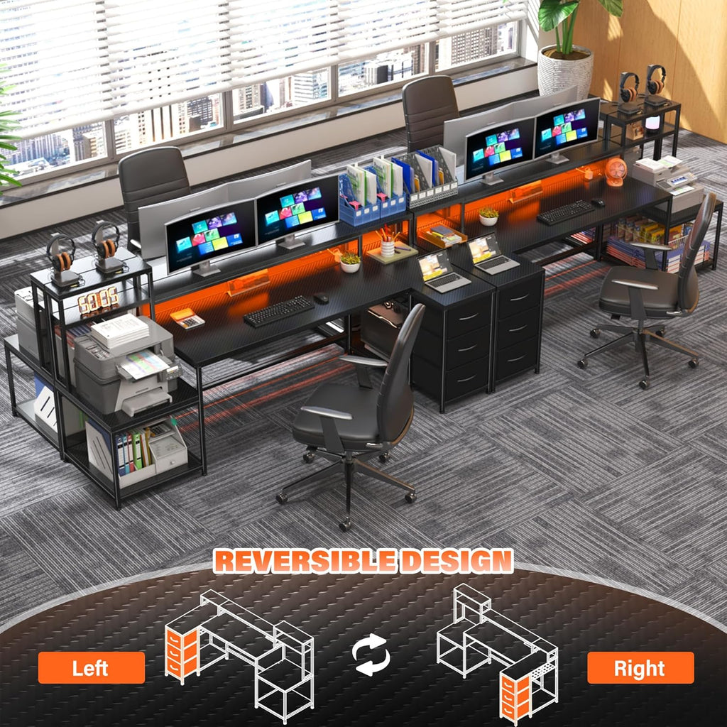 71" L Shaped Gaming Desk with Hutch & Printer Shelf for Gaming Room | Scratch-Resistant Carbon Fiber Tabletop, Raised Monitor Stand, 3 Closed Drawers, Dedicated Printer Shelf