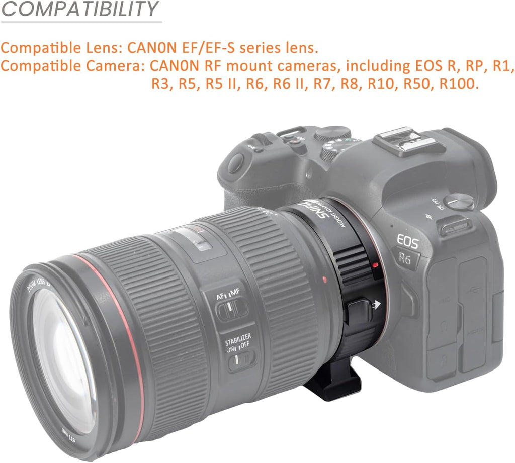 EF-EOS R Lens Mount Adapter Auto-Focus Lens Converter Compatible with Canon EF/EF-S Series Lens and EOS R, RP, R3, R5, R6, R6II, R7, R8, R10, R50, R100 Cameras