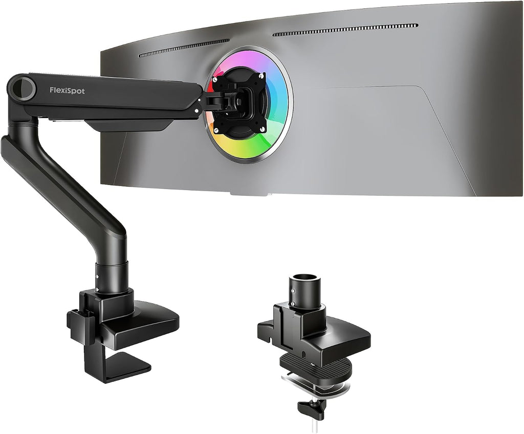 Flexispot Ultrawide Monitor Arm, Monitor Stand for 17 to 49 Inch Screens Holds up to 44 Lbs, Adjustable Gas Spring Arm with C Clamp & Grommet Base for Gaming Office, 75/100 VESA Mount, Black