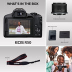 Canon EOS R50 Mirrorless Camera Rf-S18-45Mm F4.5-6.3 Is STM Lens Kit, 24.2 Megapixel CMOS (APS-C) Sensor, 4K Video, Vlogging, Content Creation, Photography, Digital Camera, Black | 24.2MP Aps-C CMOS, Digic X, Dual Pixel CMOS Af Ii, 6K-Oversampled 4K30P, Rf-S 18-45Mm Is Stm Lens Included