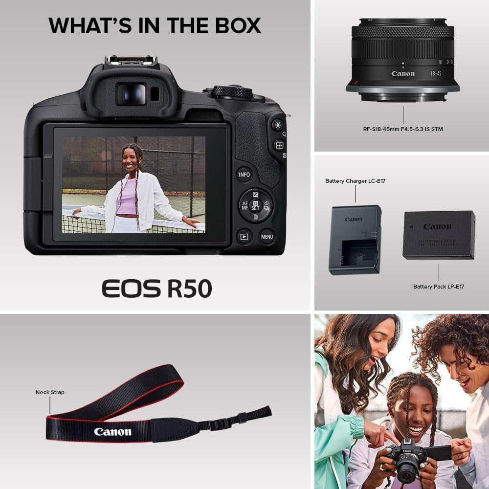Canon EOS R50 Mirrorless Camera Rf-S18-45Mm F4.5-6.3 Is STM Lens Kit, 24.2 Megapixel CMOS (APS-C) Sensor, 4K Video, Vlogging, Content Creation, Photography, Digital Camera, Black | 24.2MP Aps-C CMOS, Digic X, Dual Pixel CMOS Af Ii, 6K-Oversampled 4K30P, Rf-S 18-45Mm Is Stm Lens Included