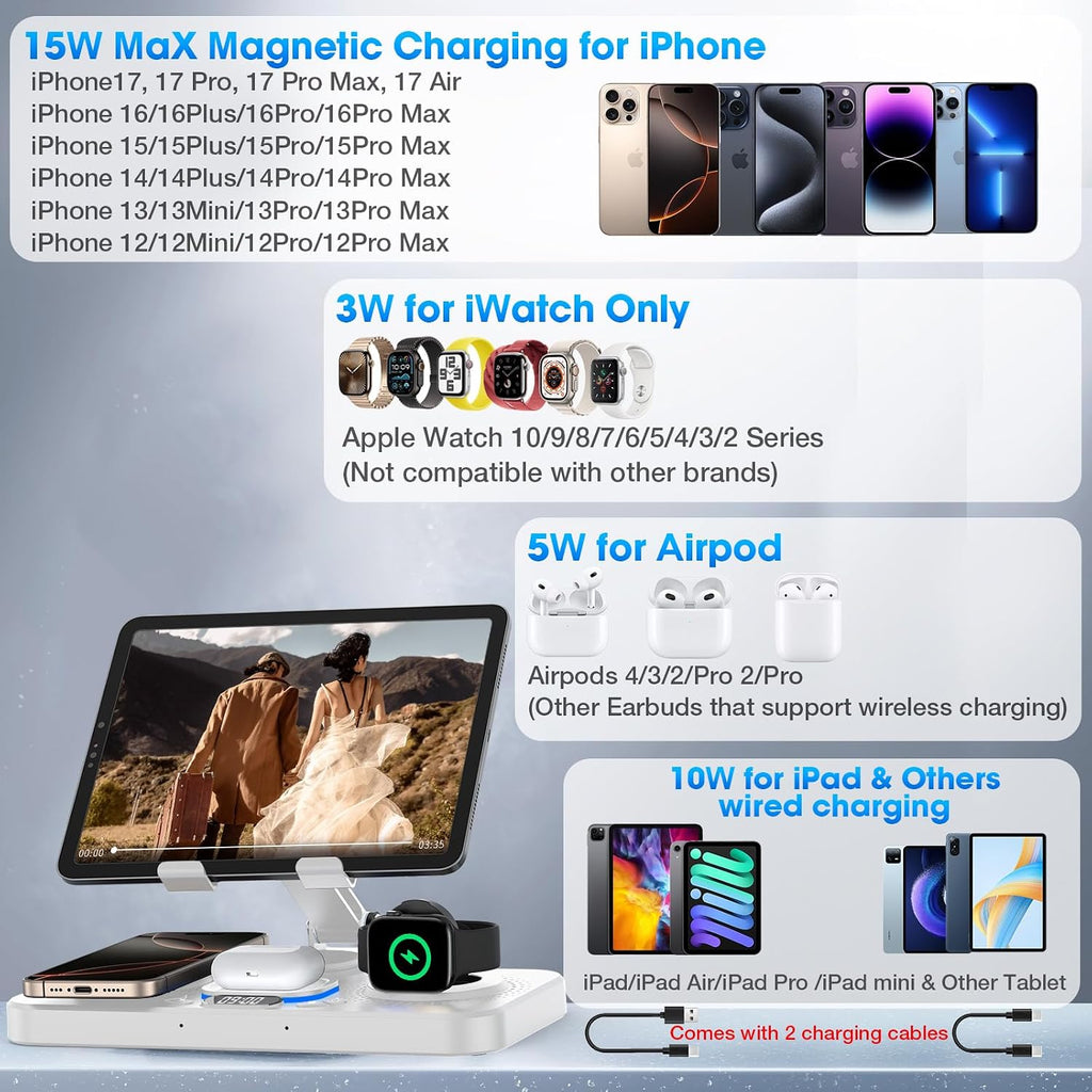 6 in 1 Wireless Charger for Apple Device, 30W Foldable Wired Charging for Ipad with Clock & 7 Color Ambient Light, Nightstand Charger Station for Iphone 17