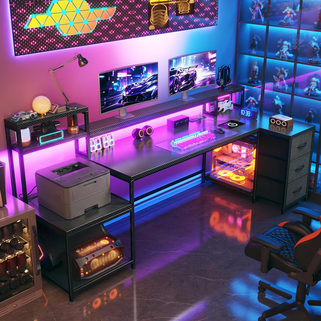 71" L Shaped Gaming Desk with Hutch & Printer Shelf for Gaming Room | Scratch-Resistant Carbon Fiber Tabletop, Raised Monitor Stand, 3 Closed Drawers, Dedicated Printer Shelf