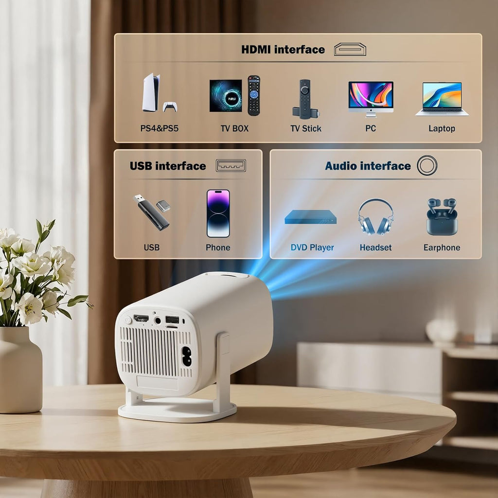 Mini Projector with Wifi and Bluetooth, 4K Protable Smart Projector Build-In Android 14, 130" Screen Auto Keystone Movie Projector Compatible with HDMI Phone TV Stick for Bedroom Outdoor